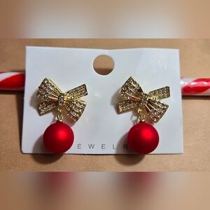 Red Ornament Earrings with Big Gold Bows
